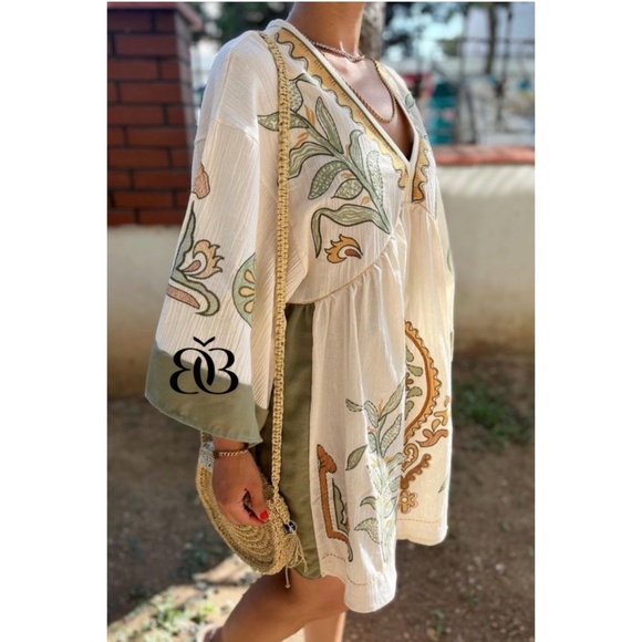 Beige & Green Boho Embroidered V Neck 3/4 Sleeve Babydoll Mini Dress - Picture 14 of 16